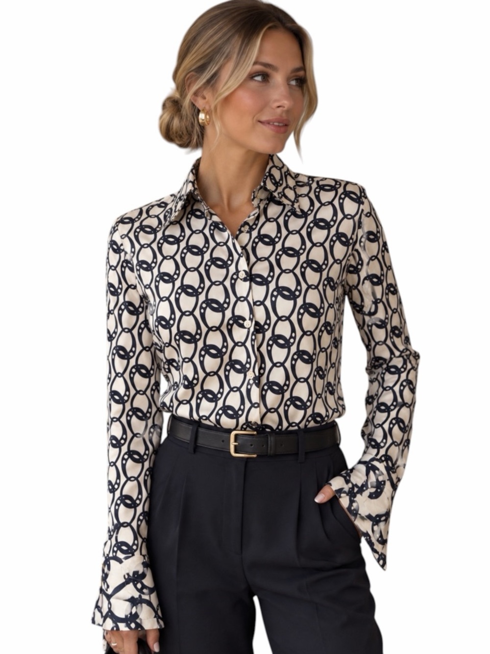 Hawes & Curtis 12 (UK) Ivory & Navy Blue Chain Link Print Long Statement Cuffs
